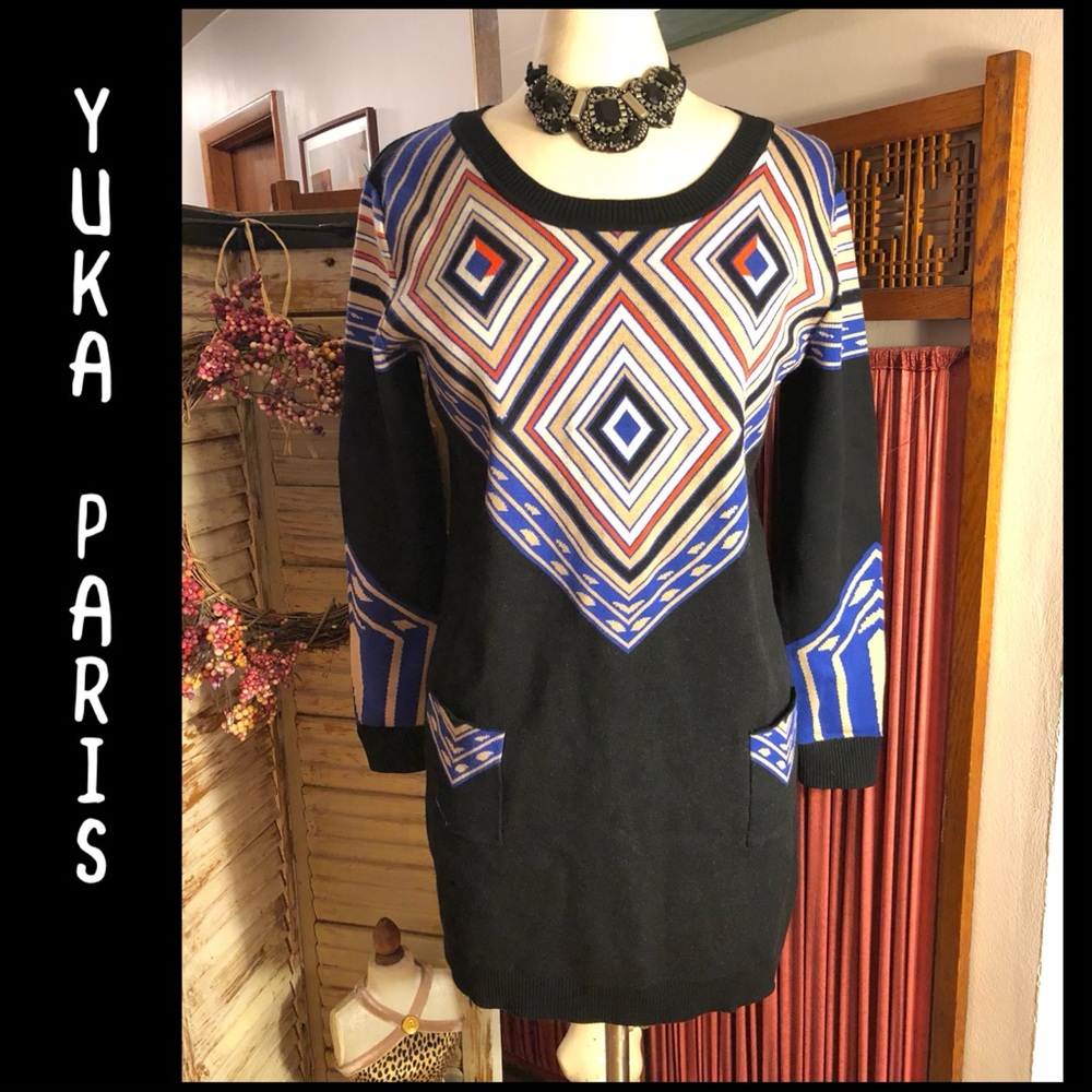 NWT-13/14- YUKA PARIS BLACK GEO PRINT KNIT DRESS
